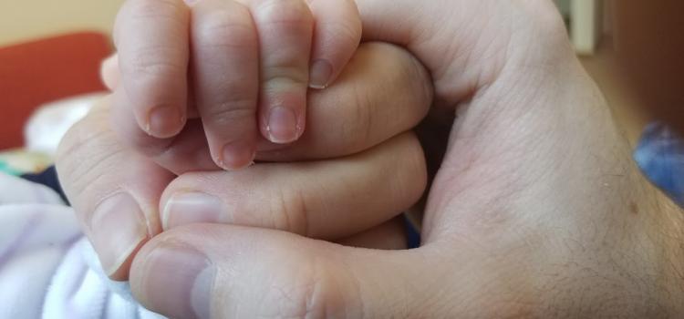 A photo of Walid, his wife, and his daughter holding hands. 